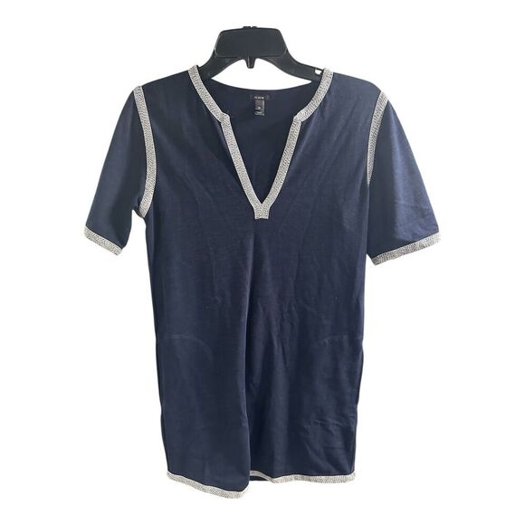 J Crew Dress Womens Extra Small Navy Blue V Neck Tunic Cotton Shift Short Sleeve - Picture 1 of 7